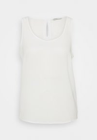 Haut blanc sans manches avec un décolleté arrondi, un détail en forme de goutte dans le dos et une texture lisse. Ourlet droit avec des accents minimaux.