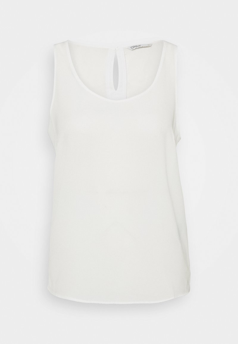 Haut blanc sans manches avec un décolleté arrondi, un détail en forme de goutte dans le dos et une texture lisse. Ourlet droit avec des accents minimaux.