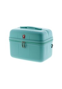 Estuche duro cosmético o de tocador de color azul claro con asa, doble cremallera y pequeño logo de la marca en la parte frontal.