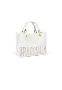 Witte leren draagtas met gouden hardware, met het "BRACCIALINI"-logo in een textuurpatroon op de voorkant. Gestroomlijnd ontwerp, dubbele handvatten.
