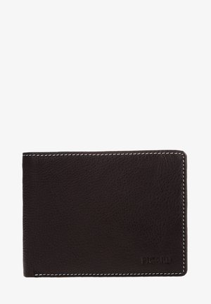 Braune Lederbrieftasche mit strukturiertem Oberflächen, weißen Nähakzenten und geprägtem Markenlogo auf der Vorderseite. Kompakte und rechteckige Form.