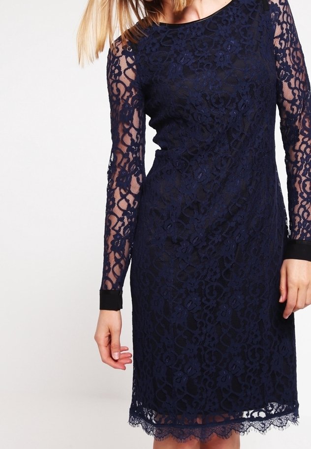Robe en dentelle bleu marine avec de longues manches transparentes, bande solide aux poignets, ourlet festonné et motif floral sur l'ensemble.