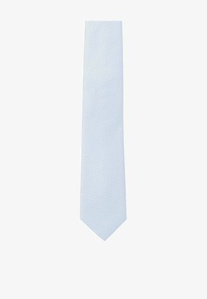 Light blue silk tie with a subtle textured pattern, narrow end pointed downward, isolated on a white background.
