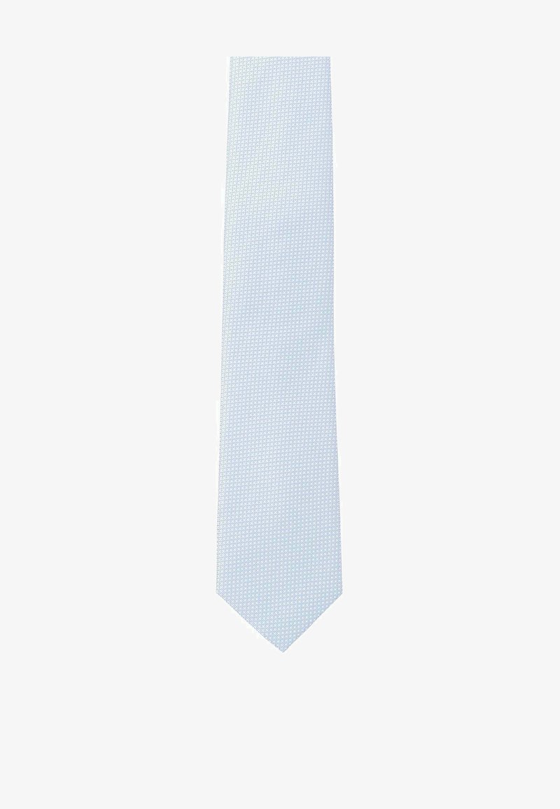 Light blue silk tie with a subtle textured pattern, narrow end pointed downward, isolated on a white background.