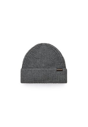 Gray knitted beanie with a folded cuff and small rectangular brand label on the front right side.
