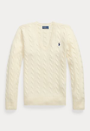 Cable-knit cream pullover sweater with a V-neck, ribbed cuffs, and waistband. Features a small blue logo on the left chest.
