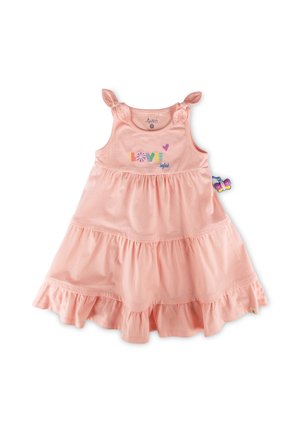 Pinkes ärmelloses Kleinkindkleid mit geknoteten Schulterriemen, Rüschenstufen und buntem "LOVE"-Text mit Herz auf der Brust.