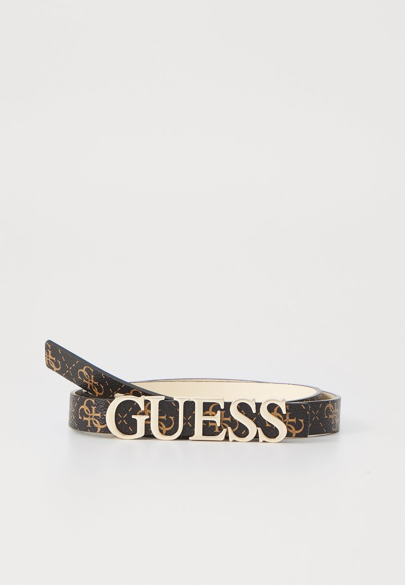 Curea din piele neagră cu un logo "GUESS" de culoare aurie, având un design patrodat. Textura este netedă, cu un finisaj elegant.