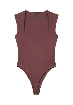 Body sans manches mauve avec décolleté carré, taille ajustée et fermeture à pression à l'entrejambe.