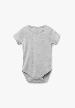 Kurze Ärmels Babybody in Hellgrau, aus weicher Baumwolle. Mit Rundhalsausschnitt und Druckknopfverschluss am Boden für einfaches Ankleiden.