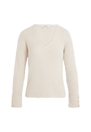 Cremefarbener Pullover mit langen Ärmeln, V-Ausschnitt, strukturiertem Stoff und drei kleinen Knöpfen an jedem Bündchen, Größe S.