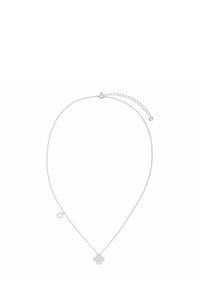 Srebrny naszyjnik łańcuszkowy z dwoma zawieszkami w kształcie kwiatów, jedna większa i ozdobna, a druga mniejsza i prosta, z zapięciem i przedłużeniem.