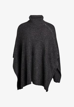 Dunkelgrauer Strick-Poncho mit Rollkragen, lockerer Passform, seitlichen Knöpfen und strukturiertem Stoff für zusätzliche Wärme.