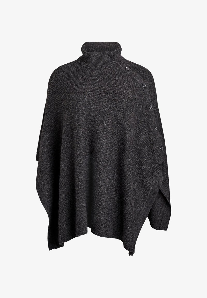 Temno siva pletena pončo s turtleneck ovratnikom, katerega značilnosti so ohlapen kroj, stranski gumbi in teksturirana tkanina za dodatno toplino.