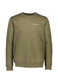 Sudadera verde oliva hecha de una suave mezcla de algodón, con cuello redondo, mangas largas, puños acanalados y un logo blanco en el pecho.