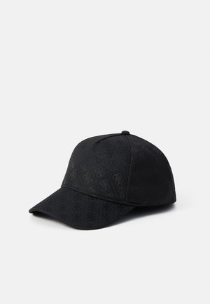 Sort baseballcap med et struktureret mønster, der har en buet skygge, broderet logo og en stofbeklædt justerbar rem bagpå.
