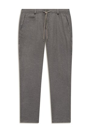 Gray textured slim-fit trousers with side pockets, a front button, zipper closure, belt loops, and a tied drawstring at the waist.