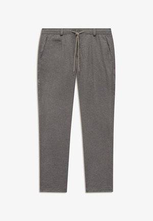 Gray textured slim-fit trousers with side pockets, a front button, zipper closure, belt loops, and a tied drawstring at the waist.