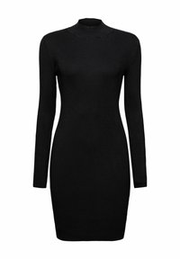 Robe bodycon noire en maille côtelée à manches longues, avec un col montant, une silhouette ajustée et un ourlet au-dessus du genou.
