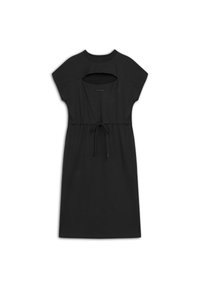 Schwarzes Kleid mit kurzen Ärmeln, Kordelzug in der Taille und einem Ausschnitt auf der Rückseite. Weiches Stoffgefühl und knielanger Schnitt.