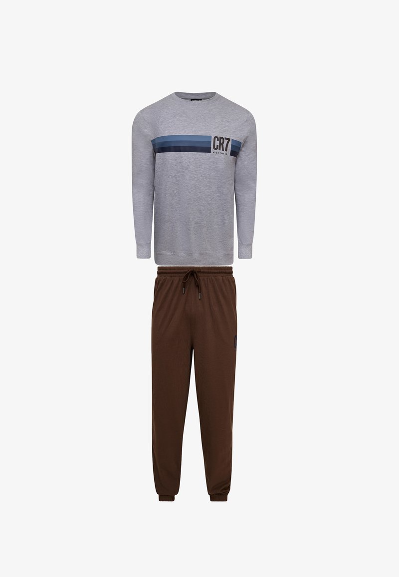 Sweat-shirt gris avec des rayures bleues et noires, arborant un logo. Jogging marron avec une taille et des poignets élastiques. Tissu doux, coupe décontractée.