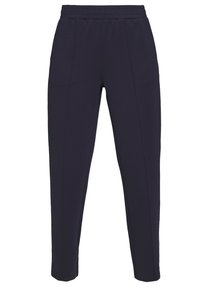 Marineblauwe tapered broek met elastische tailleband en detail in de voornaad, ontworpen voor een slim fit.