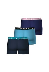 Trois paires de boxers pour femmes en marine, turquoise et bleu foncé. Chacune présente une ceinture de logo contrastée : rose, noir et turquoise. Texture lisse.
