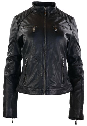 Schwarze Lederjacke mit hohem Kragen, Reißverschluss vorne und strukturierten Schulterakzenten. Verfügt über zwei Reißverschluss-Brusttaschen und zwei Seitentaschen.