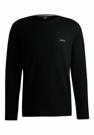 Black long-sleeve ribbed t-shirt with a rounded neckline. Features a subtle "BOSS" logo in white on the chest area. Cotton material.