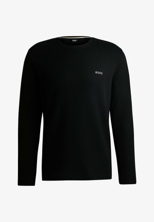 Black long-sleeve ribbed t-shirt with a rounded neckline. Features a subtle "BOSS" logo in white on the chest area. Cotton material.