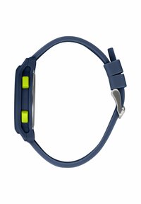 Orologio fitness con cinturino in silicone blu navy, quadrante rettangolare e due pulsanti verde lime; presenta una fibbia in acciaio inossidabile e una texture liscia.