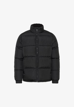 Juodas pūkinis švarkas su vertikaliu išsiuvinėjimu, aukštu apykakle, priekyje su užtrauktuku, elastingais rankogaliais ir laisvu siluetu, pagamintas iš šiltos medžiagos.