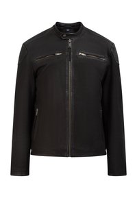 Schwarze Lederjacke mit Reißverschluss und Stehkragen, zwei horizontalen Brust-Reißverschlusstaschen und zwei vertikalen Seitentaschen mit Reißverschluss.