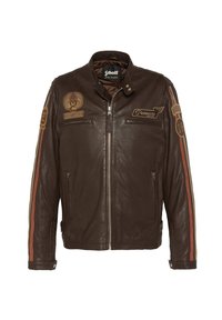 Giacca motociclistica in pelle marrone con zip frontale, due tasche con zip e diversi patch ricamati con accenti a righe sulle maniche.