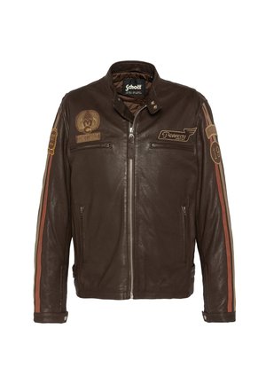 Giacca motociclistica in pelle marrone con zip frontale, due tasche con zip e diversi patch ricamati con accenti a righe sulle maniche.