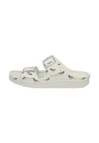 White slide sandal featuring two adjustable silver buckles and a printed bird pattern. The sole is textured for grip.