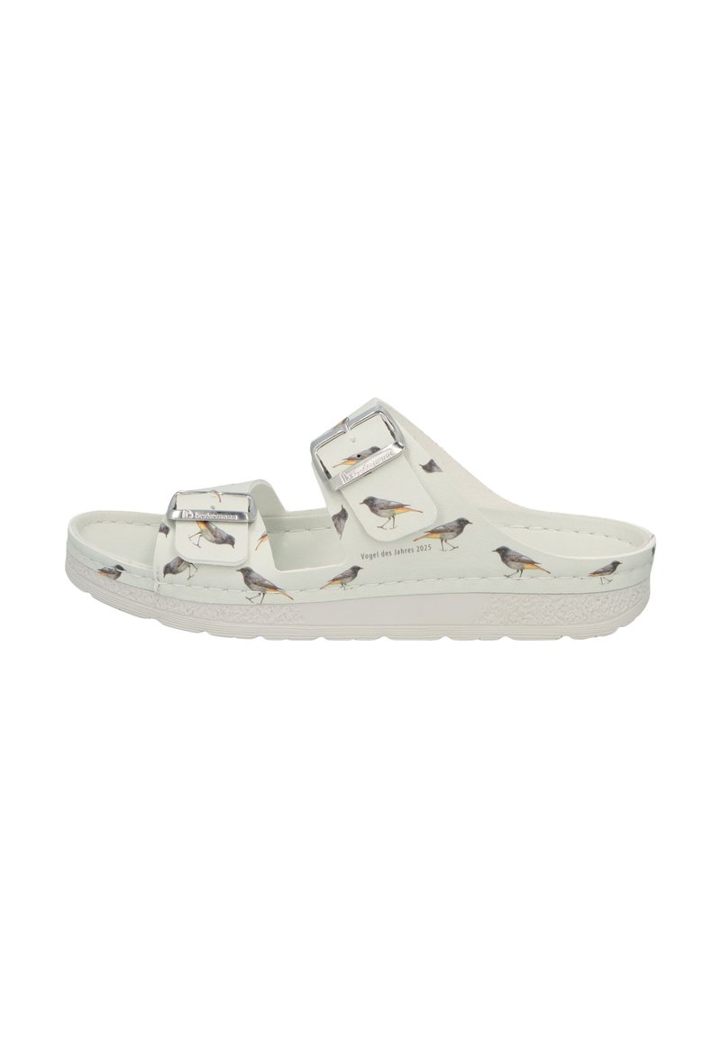 White slide sandal featuring two adjustable silver buckles and a printed bird pattern. The sole is textured for grip.