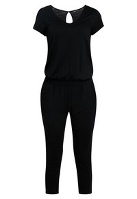 Zwarte jumpsuit van zachte stof, met korte mouwen, een V-hals met een sleutelgatdetail en een elastische tailleband met cropped pijpen.