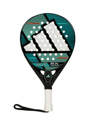 Paddle tennisracket met een zwart en turquoise oppervlak, gaten voor grip en een wit handvat met textuur. Heeft een geometrisch ontwerp.