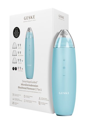 Blauw Geske microdermabrasie mee-eter verwijderapparaat met transparante punt, getoond naast zijn witte productverpakking en gebruikspictogrammen.