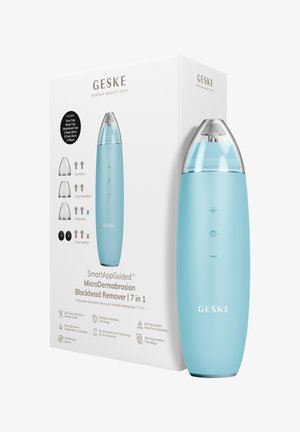 Blåt Geske mikrodermabrasion sortheads fjerner apparat med gennemsigtig spids, vist ved siden af sin hvide produktæske og brugsikoner.