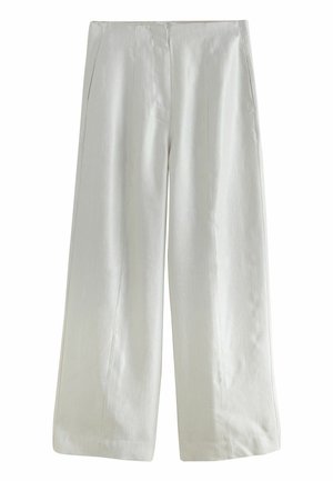 Hvide bukser med vide ben, sidelommer og en glat linning, vist fladt mod en hvid baggrund.