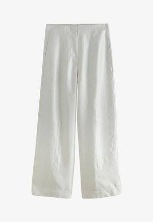 Pantaloni albi cu picioare largi, cu buzunare laterale și talie netedă, afișați întinși pe un fundal alb.