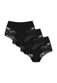 Gianche alte in pizzo nero con bordo, caratterizzate da un corpo liscio, dettagli in pizzo intricati lungo i lati e un totale di quattro pezzi.