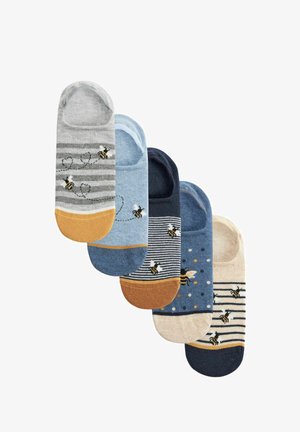 Fünf Paar niedrige Socken in verschiedenen Schattierungen von Blau, Grau und Beige mit Bienenmotiven, Streifen und Punkten.