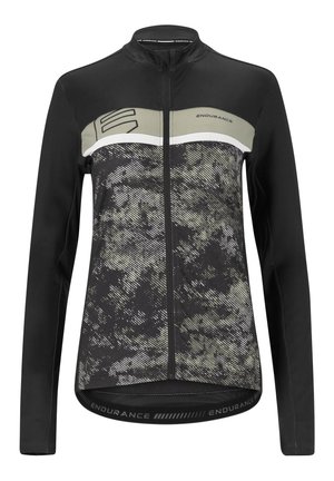 Schwarzes Langarm-Radtrikot mit einem camouflagemuster in Grau, einem Frontreißverschluss und einem Logoband am Saum. Hergestellt aus dehnbarem Material.