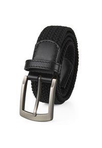 Cinturón trenzado negro hecho de material elástico con una correa de cuero suave. Presenta una hebilla de plata mate y acentos pulidos.