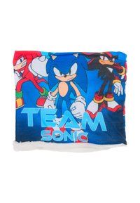 Koc z polaru z wizerunkami Sonica, Knucklesa i Shadowa na niebieskim tle z napisem "TEAM SONIC" w pogrubionym niebieskim tekście.