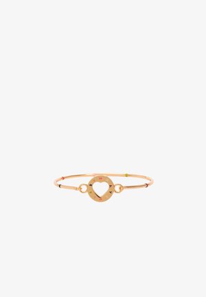 Gold bangle bracelet with a circular charm featuring a heart cutout, colorful letter accents, and a smooth, polished finish.