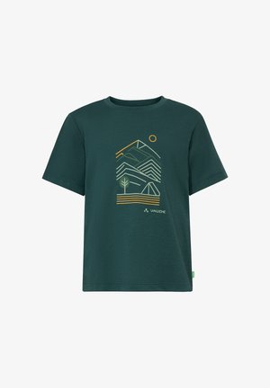 T-shirt à manches courtes vert foncé avec un graphisme stylisé de montagne, arbre, tente et soleil, et le logo Vaude au centre devant.